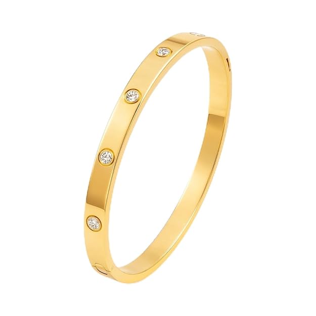 SALVE Classic Stainless Steel Toned Love Band Bracelet | Anti-Tarnish, Cubic Zirconia Studded Bangle Kada | Aesthetic Valentine's Gift for Girlfriend