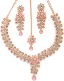 ukkhi Charming AD Diamonds Studded Floral Choker Necklace with Danlge Earrings Maangtikka Jewellery Set