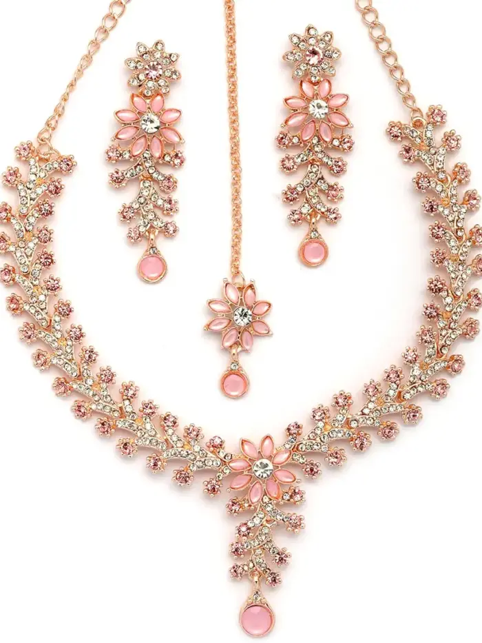 ukkhi Charming AD Diamonds Studded Floral Choker Necklace with Danlge Earrings Maangtikka Jewellery Set
