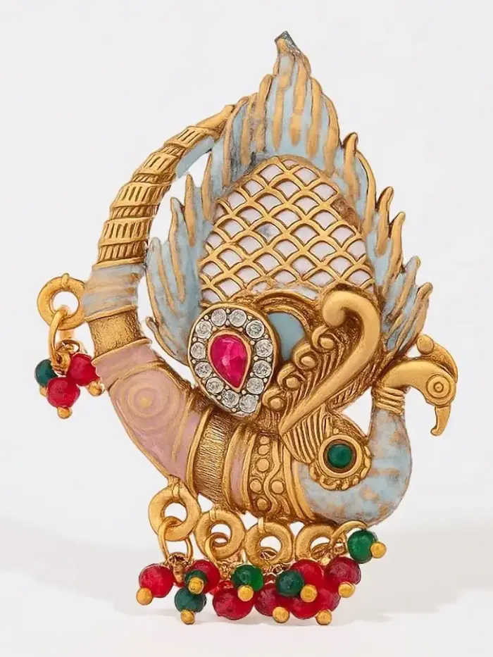 Traditional Gold Plated Swan Adjustable Ring with Meenakari and Beads