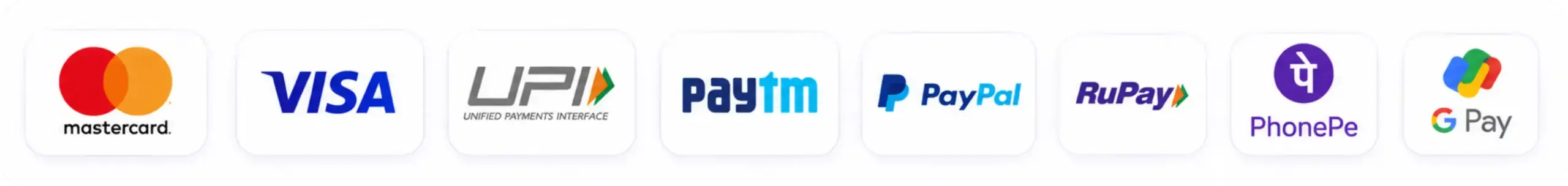 Payment Methods: UPI, Visa, MasterCard, RuPay, Paytm